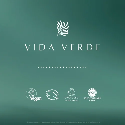 Vida Verde logo highlighting vegan, upcycled ingredients, and post-consumer resin certifications on a tranquil green background.