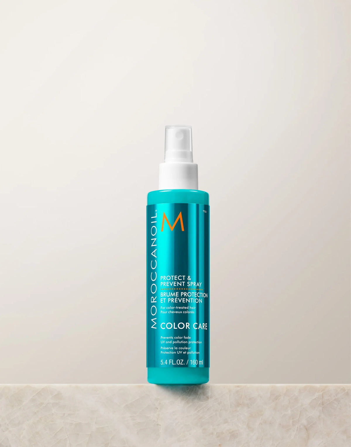 Turquoise Moroccanoil Protect & Prevent color care spray 160 ml bottle with white nozzle