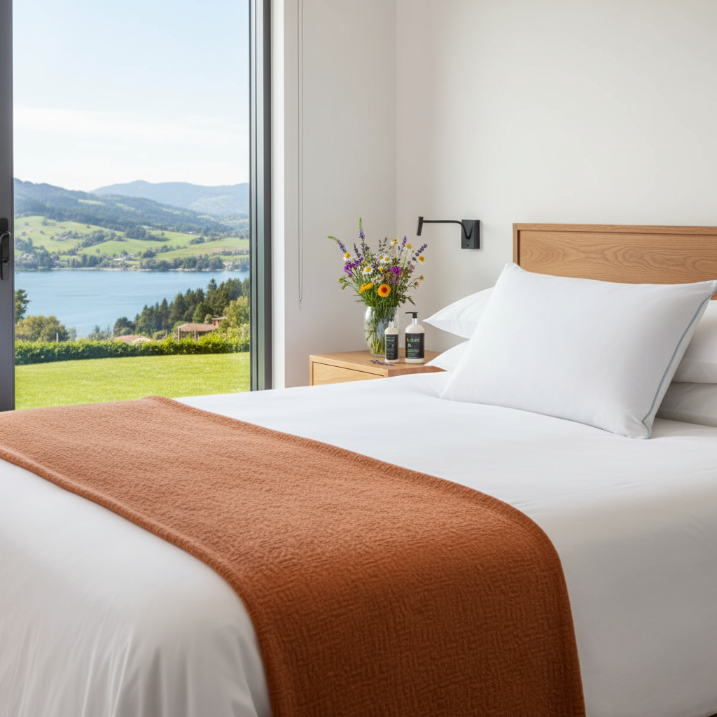 6. Home - orange/mauve throw, VIEWS, pillow visible