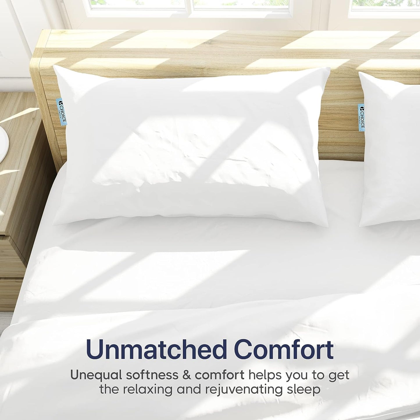 Luxury Choice Hotels bed pillows displaying unmatched comfort for side sleepers in a bright, inviting bedroom.