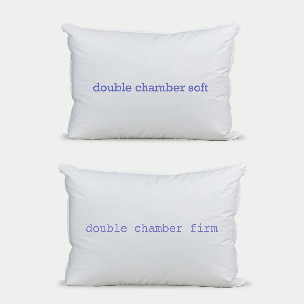 Double chamber down pillows labeled 'soft' and 'firm' showcasing comfort options for all sleep styles.