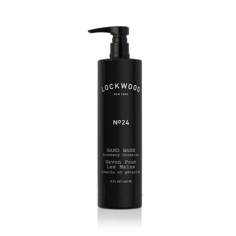 Lockwood New York Hand Wash in elegant black bottle, infused with rosemary geranium, 18 fl oz for sensitive skin care.