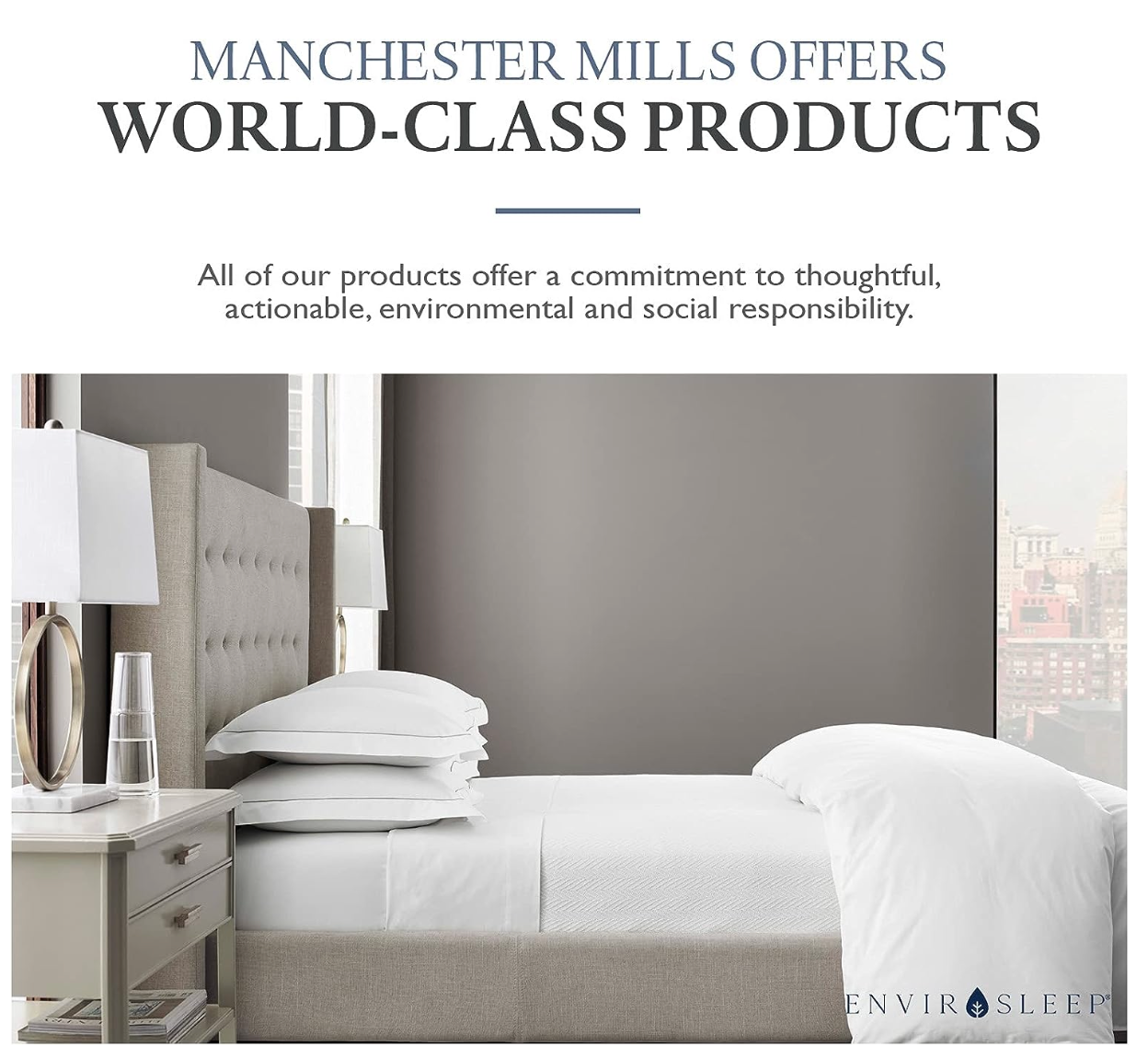 Stylish hotel bedroom showcasing Manchester Mills world-class products and commitment to environmental responsibility.
