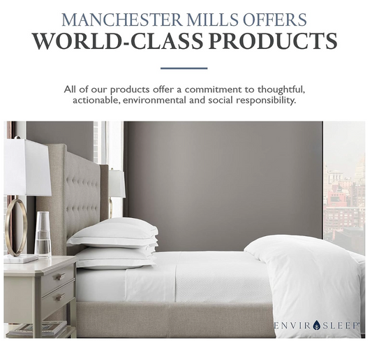 Stylish hotel bedroom showcasing Manchester Mills world-class products and commitment to environmental responsibility.