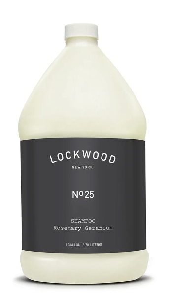 Lockwood New York shampoo refill, 1 gallon bottle, featuring rosemary geranium scent, upscale shower experience.