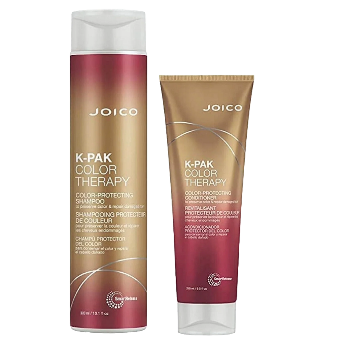 Joico K-PAK Color Therapy duo with a 10.1 oz color-protecting shampoo bottle and an 8.5 oz color-protecting conditioner tube in gold and magenta packaging.