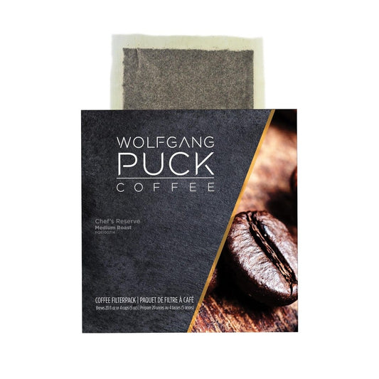Wolfgang Puck Chef's Reserve coffee pack featuring medium roast soft pods, ideal for rich, aromatic coffee brews.