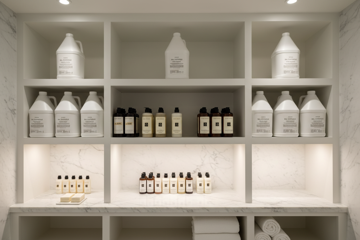 Byredo Bal d'Afrique Body Lotion refill jugs in luxury spa storage