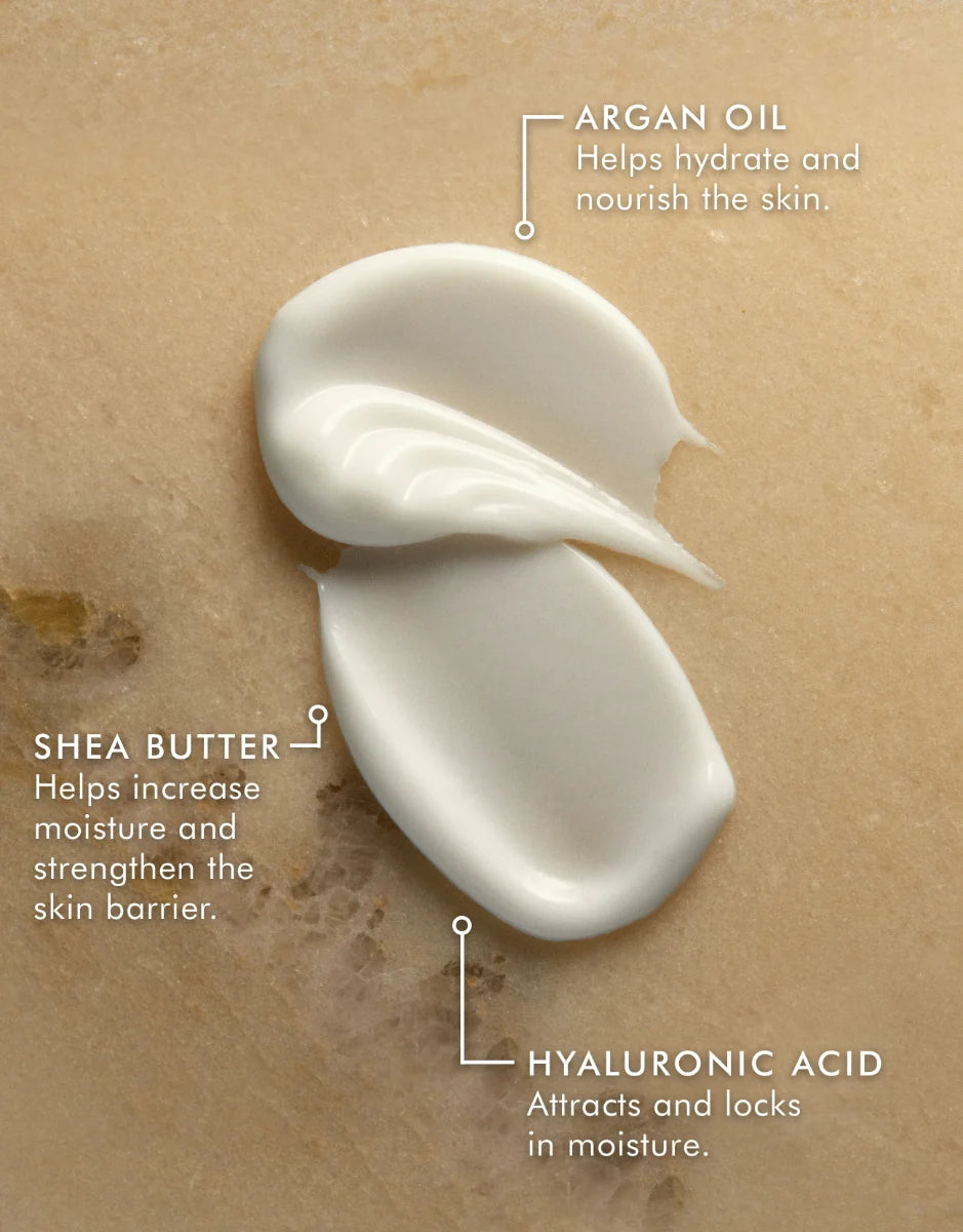 Hand cream texture with callouts for argan oil, shea butter, and hyaluronic acid