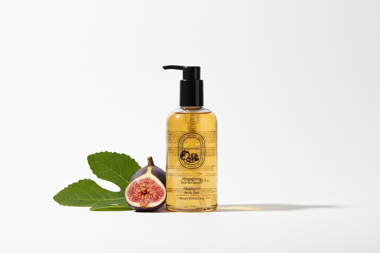 Diptyque Philosykos Shampoo bottle alongside a fresh fig and fig leaves, showcasing luxury hair care.