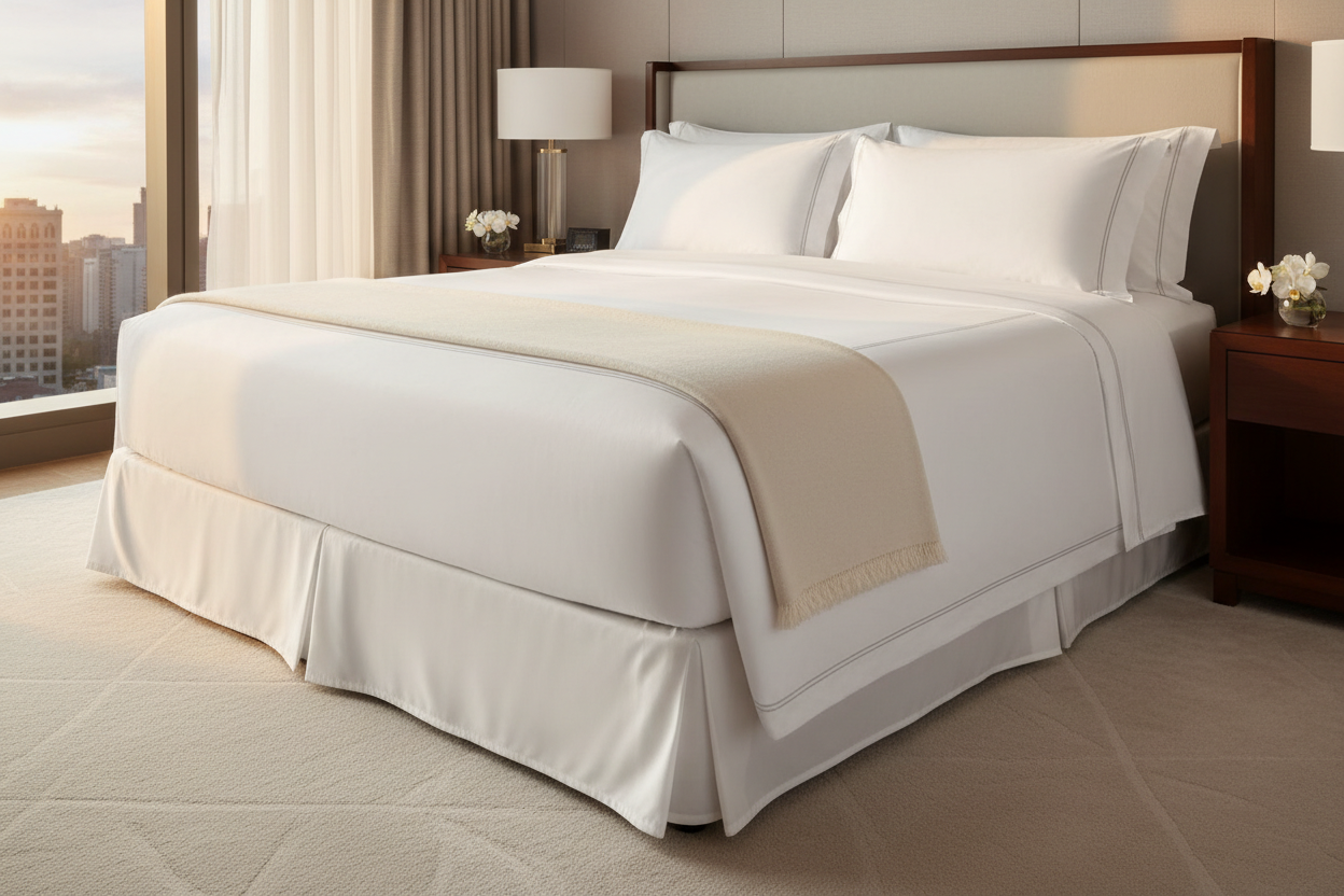 IHG hotel queen fitted sheet on a beautifully made hotel-style bed in a modern room with city view.