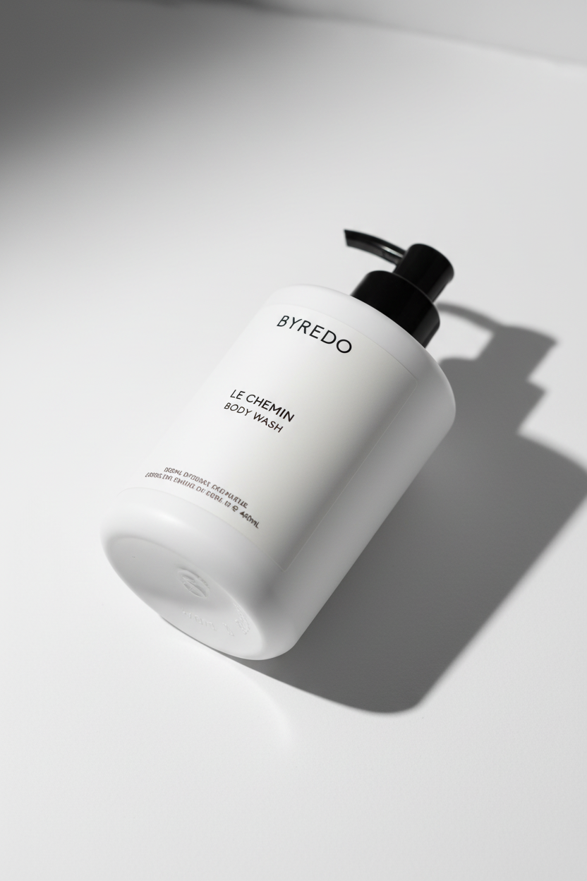 Byredo Le Chemin Body Wash angled product shot showing Swedish luxury body care packaging label floral fragrance