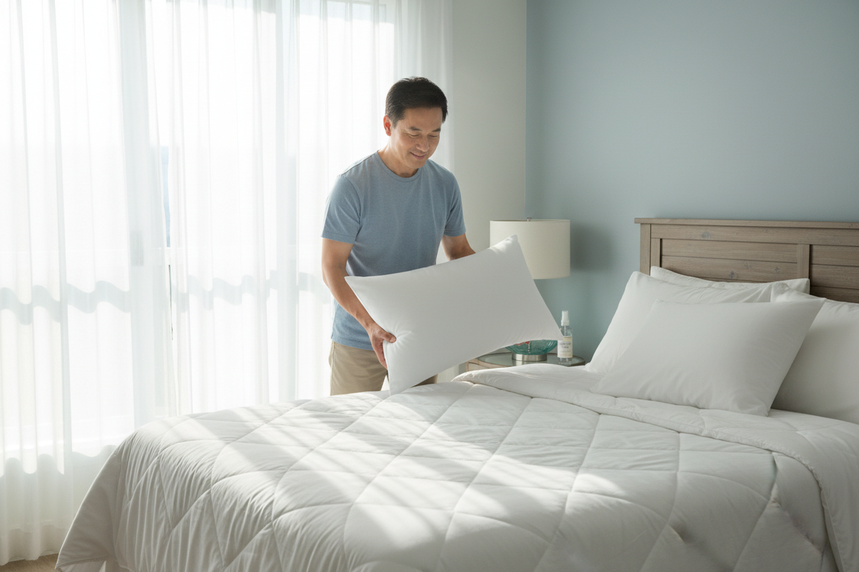 Asian man placing WoodSpring Ecoendure pillow at home guest room bringing hotel quality comfort home