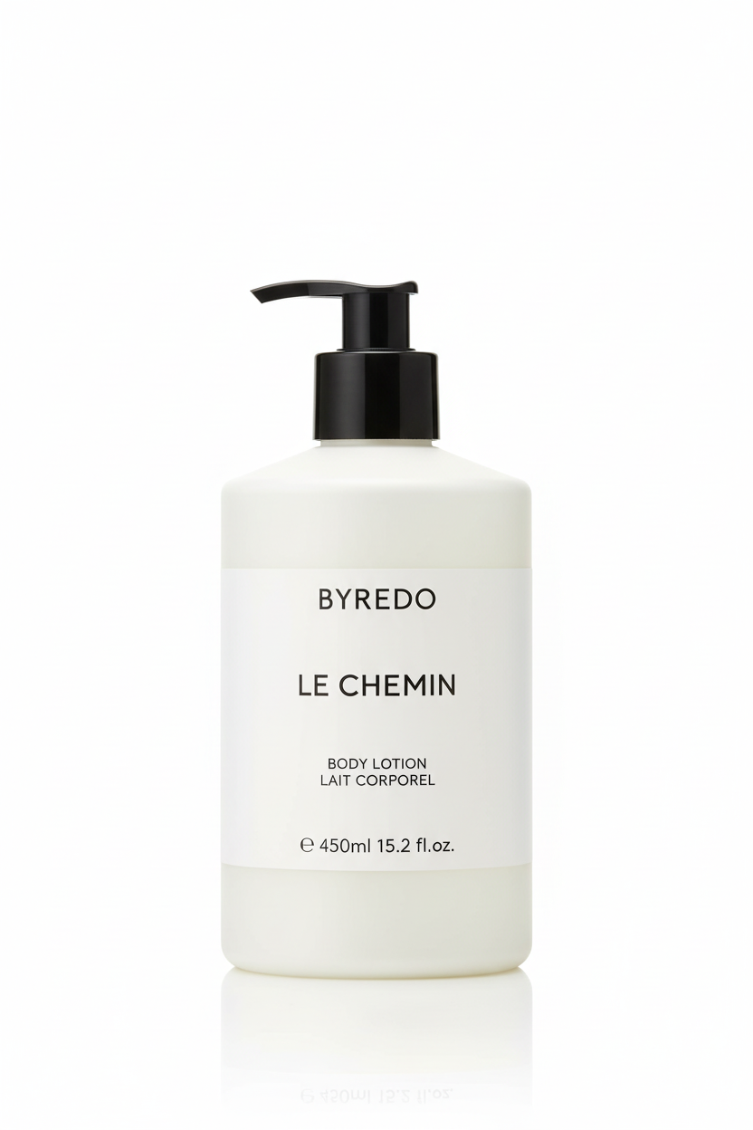Byredo Le Chemin Body Lotion front view product shot Swedish luxury body care packaging label floral fragrance