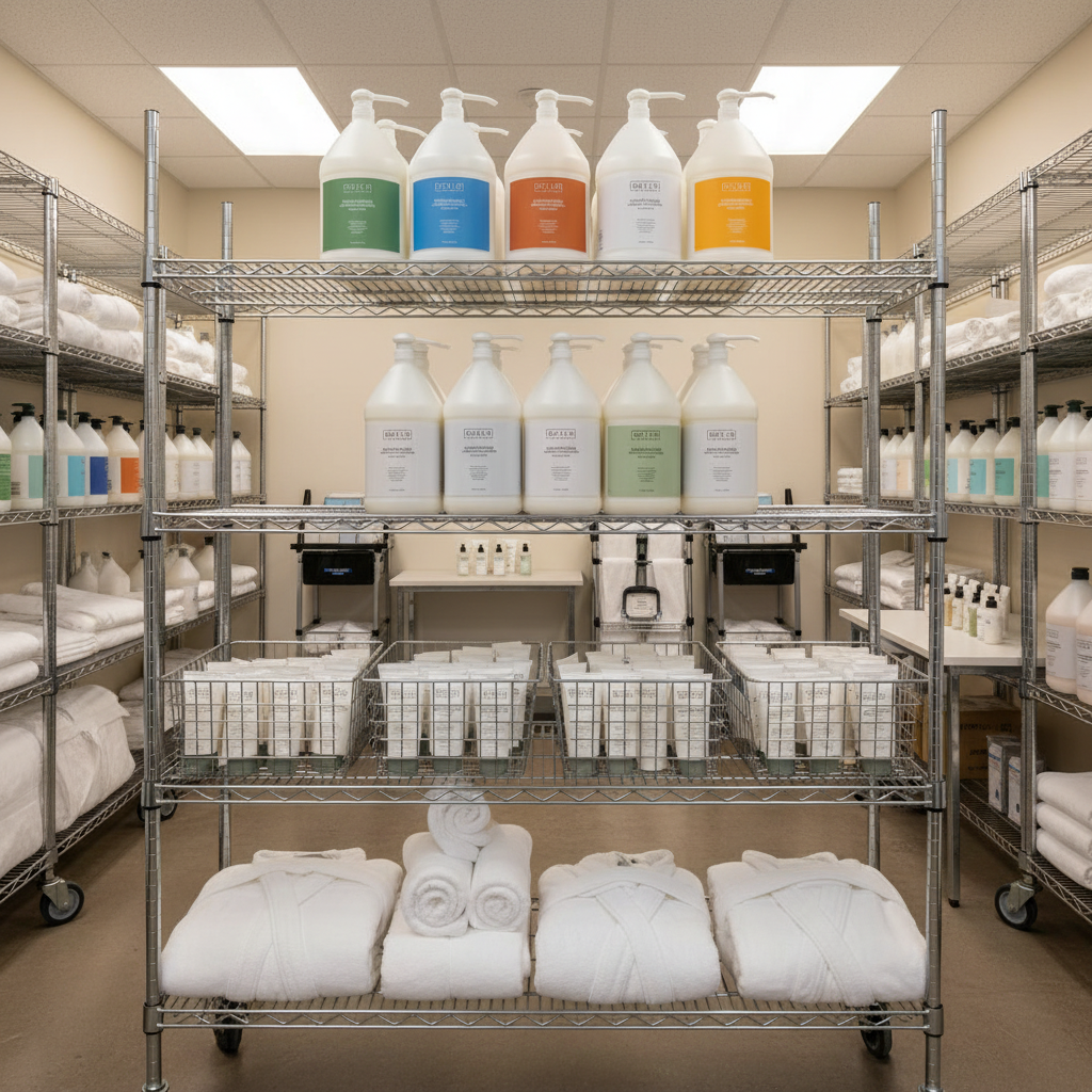 Guild+Pepper Conditioner 1 Gallon in luxury hotel storage room with organized shelving