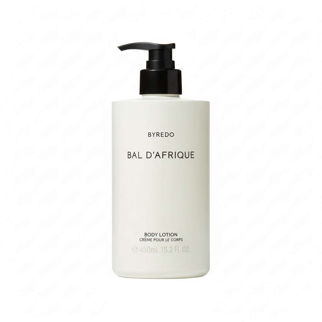 Byredo Bal D'Afrique Body Lotion bottle close-up Swedish luxury body care packaging label African-inspired fragrance