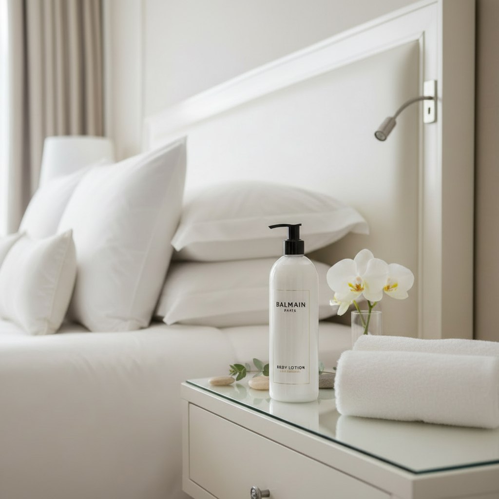 Balmain Paris Body Lotion on bedroom nightstand with luxury hotel pillows in background