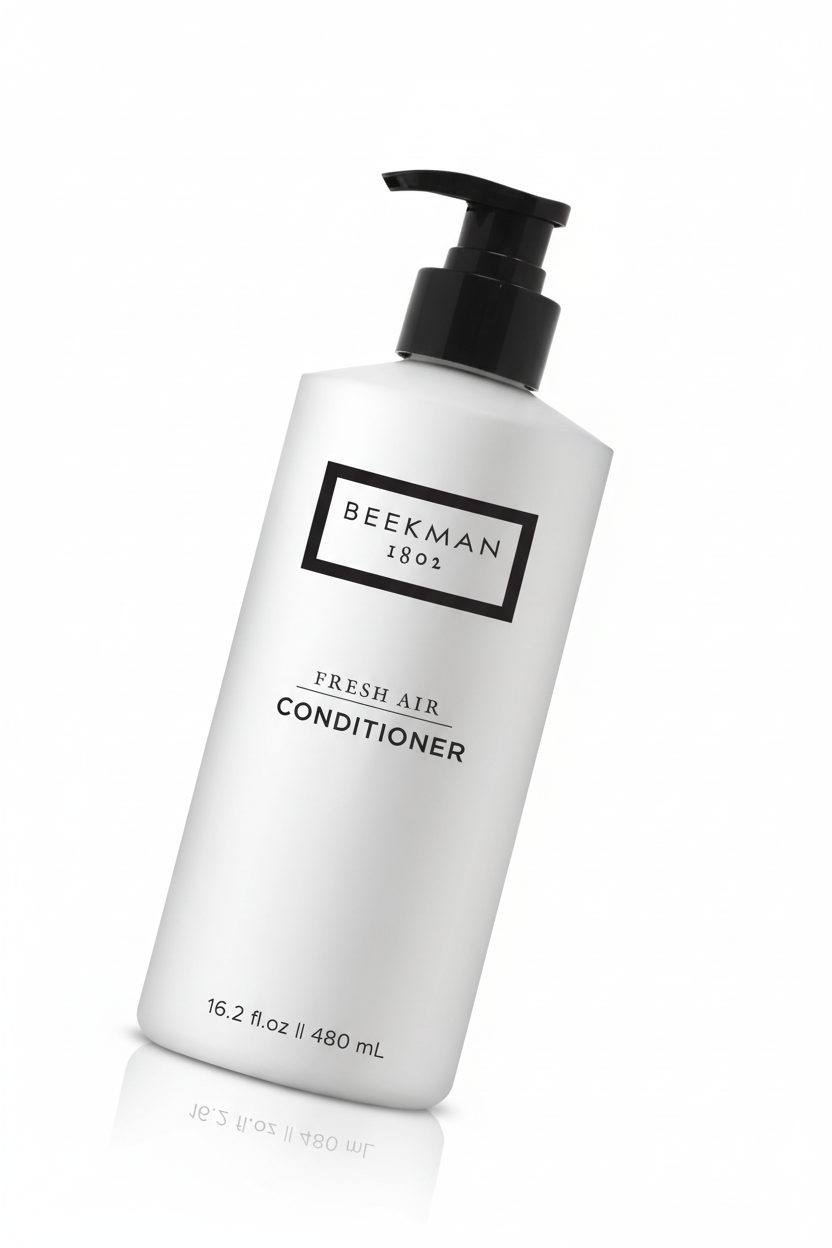 Beekman 1802 Fresh Air Conditioner angled product shot white frosted bottle black pump minimalist label - luxury conditioner 16.2 oz