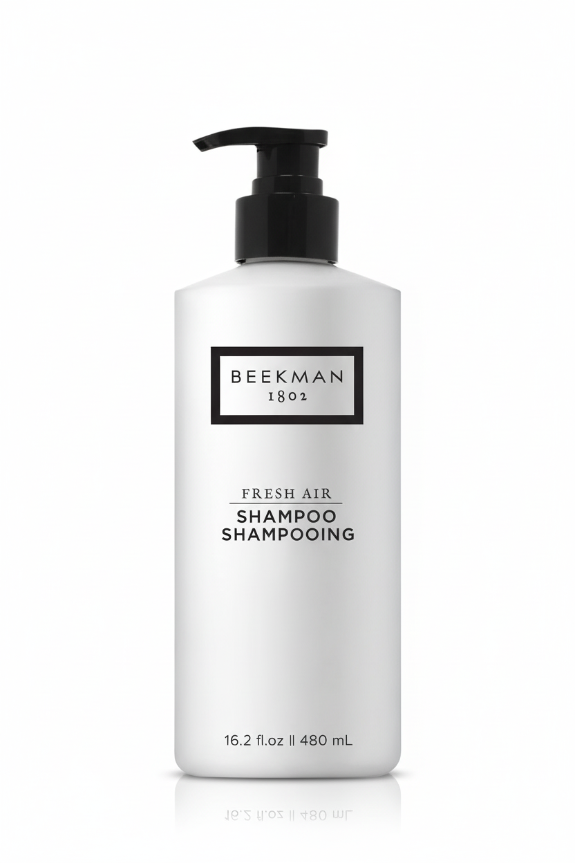 Beekman 1802 Fresh Air Shampoo product detail white frosted bottle black pump minimalist label clean background - luxury shampoo 16.2 oz
