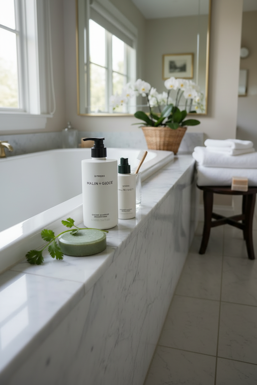 Malin+Goetz Cilantro Shampoo in contemporary shower white tiles chrome fixtures - fresh herbaceous hair care