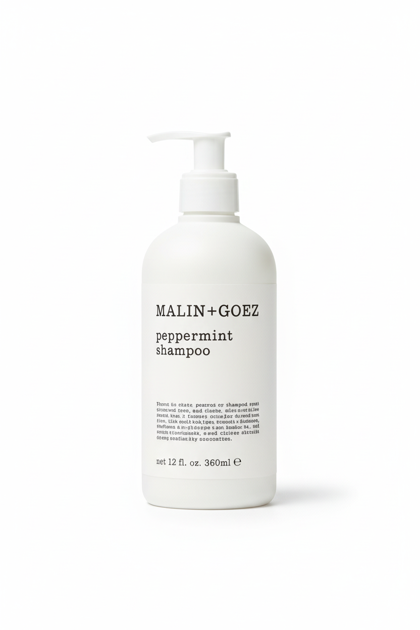 Malin+Goetz Peppermint Shampoo front view minimalist apothecary bottle pump design - sulfate-free shampoo