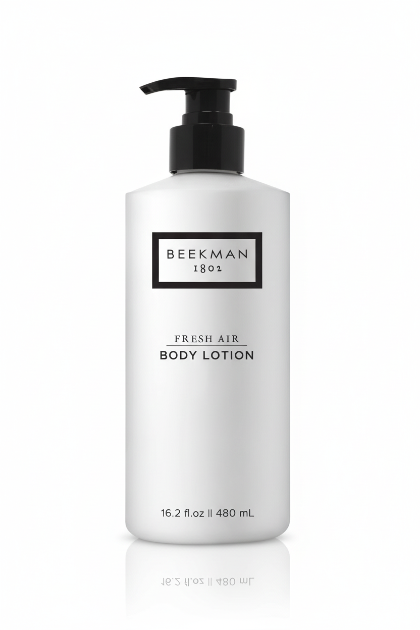 Beekman 1802 Fresh Air Body Lotion front view white frosted bottle black pump minimalist label - luxury body lotion 16.2 oz