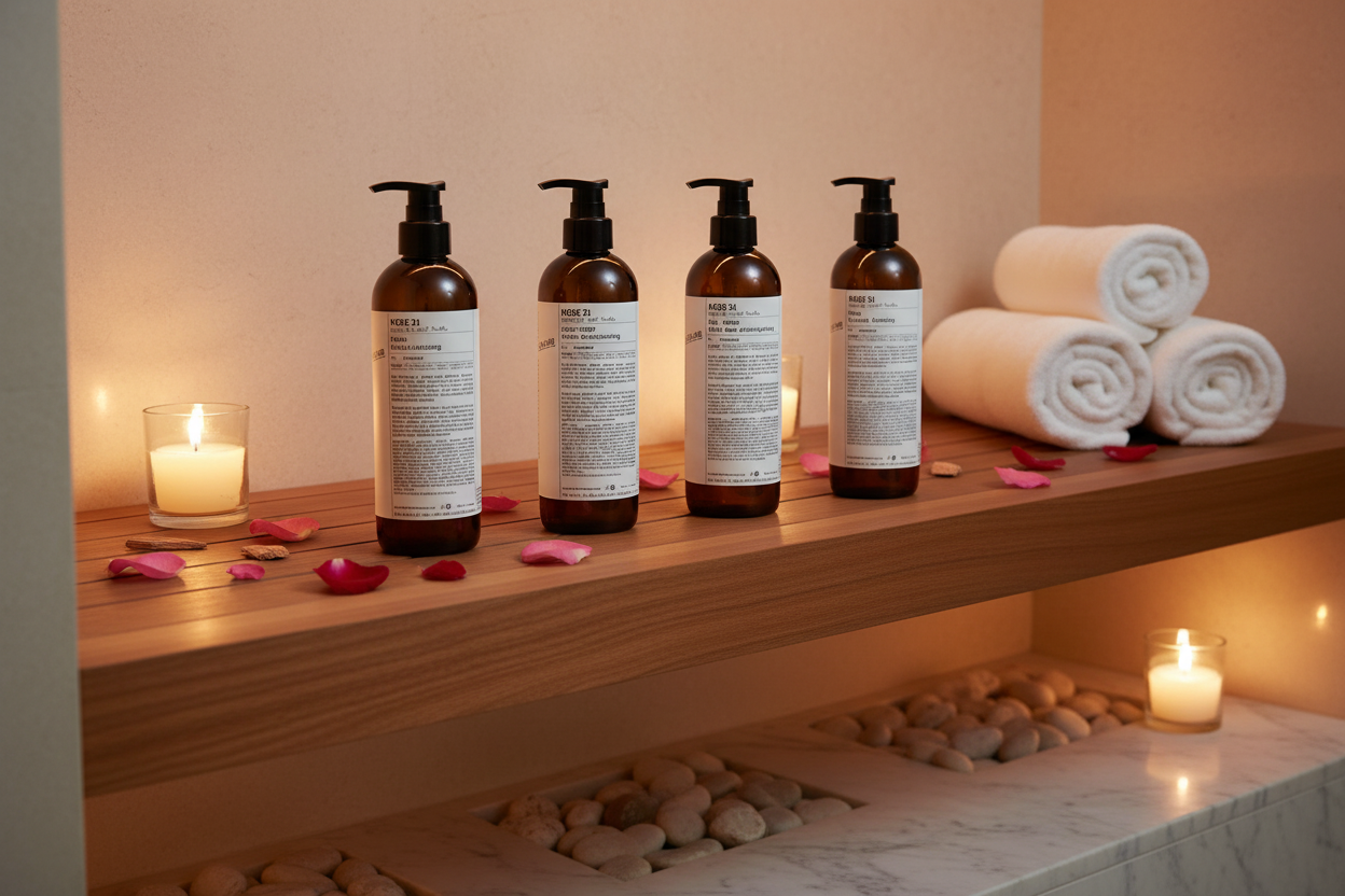 Le Labo Rose 31 Bath Set - all 4 bottles in elegant spa treatment room with rose petals