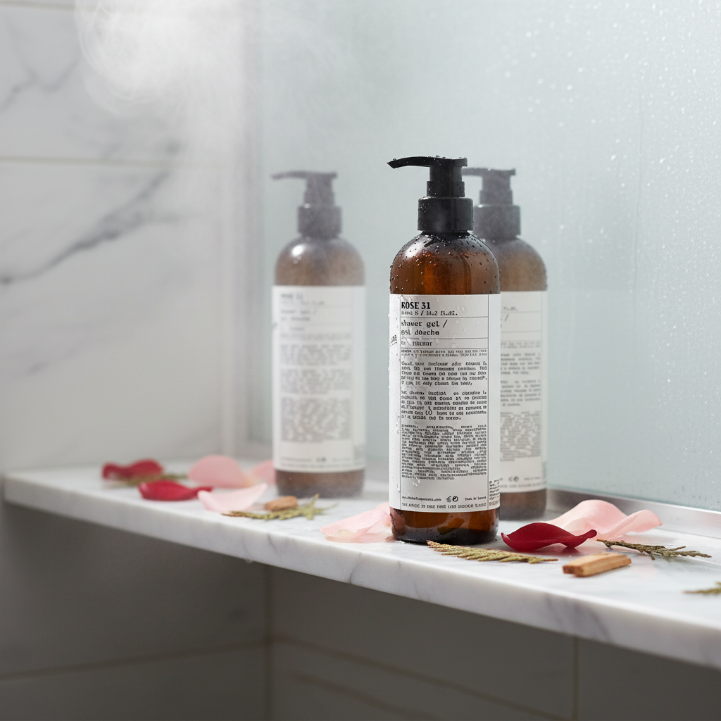 Le Labo Rose 31 Body Wash bottles on a marble shelf with rose petals in a steamy bathroom setting.