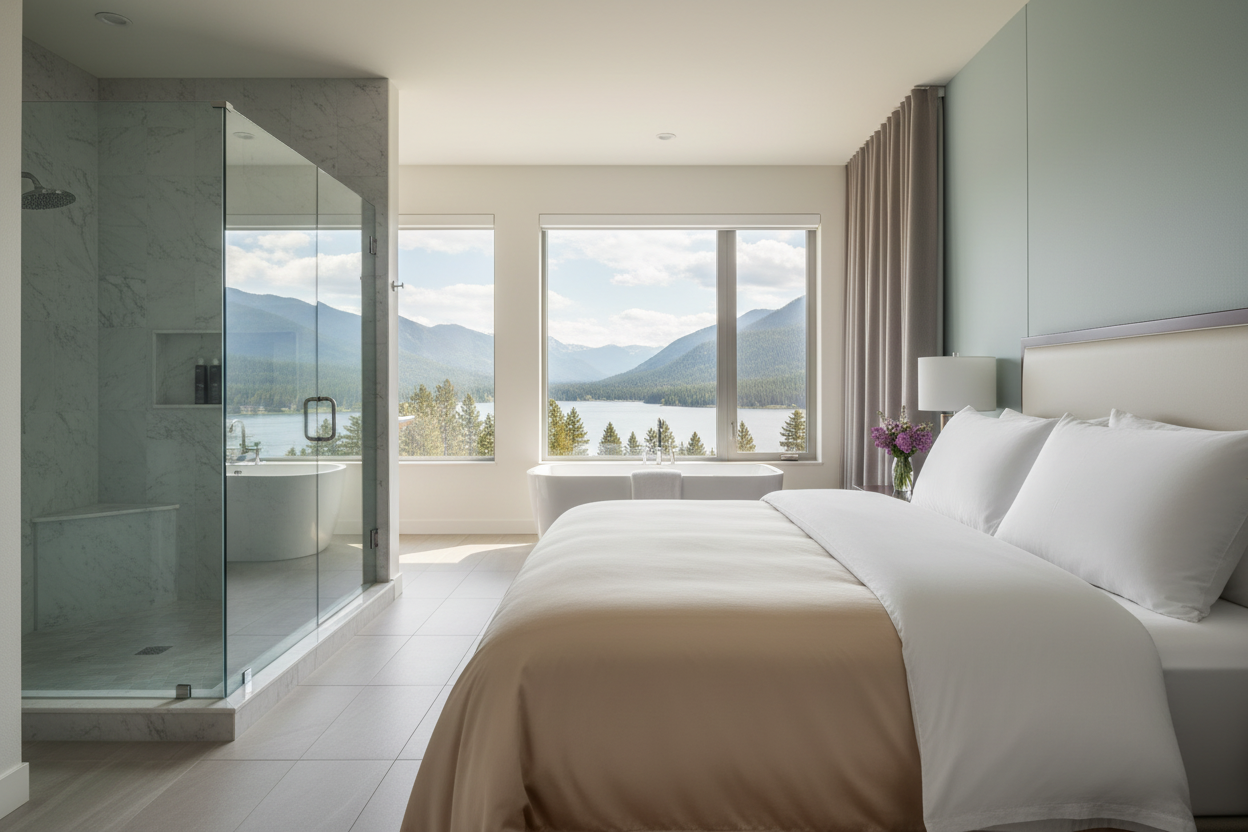 Westin Bed & Bath Set in a luxury home master suite with panoramic lake and mountain views, two oversized white Heavenly Bed king pillows on crisp white bedding, and Westin White Tea Shampoo and Conditioner on a marble shower niche visible through the open ensuite bathroom