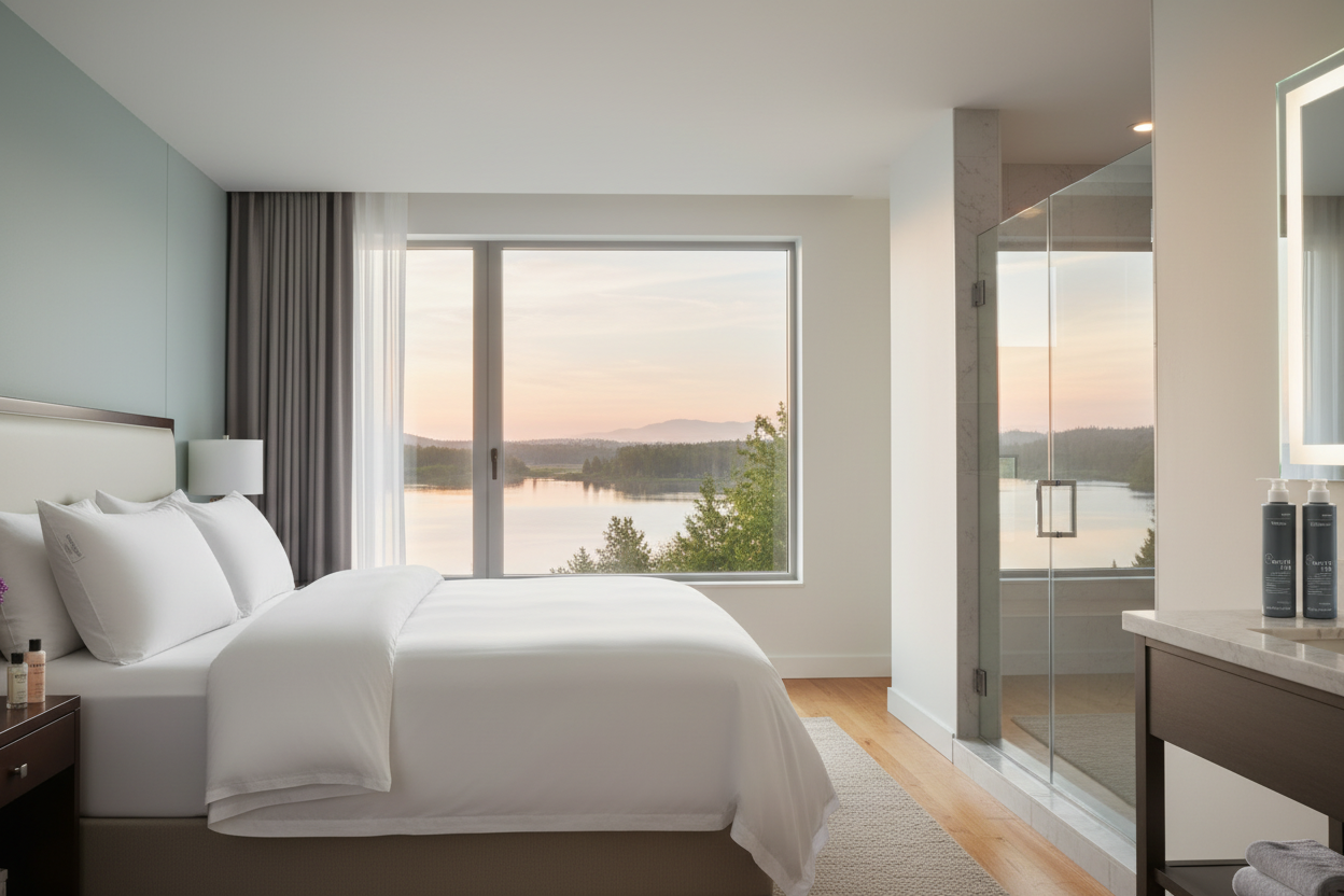 Westin Bed & Bath Set Queen โ two fluffy white Heavenly Bed queen pillows on crisp white hotel-quality bedding with White Tea Shampoo and Conditioner on a marble shower shelf, serene lakeside luxury home master bedroom