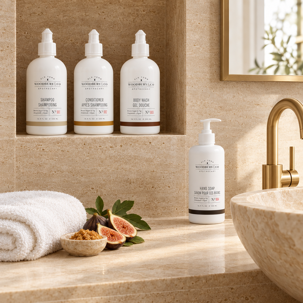 Woodbury four-piece bath set in a luxury bathroom