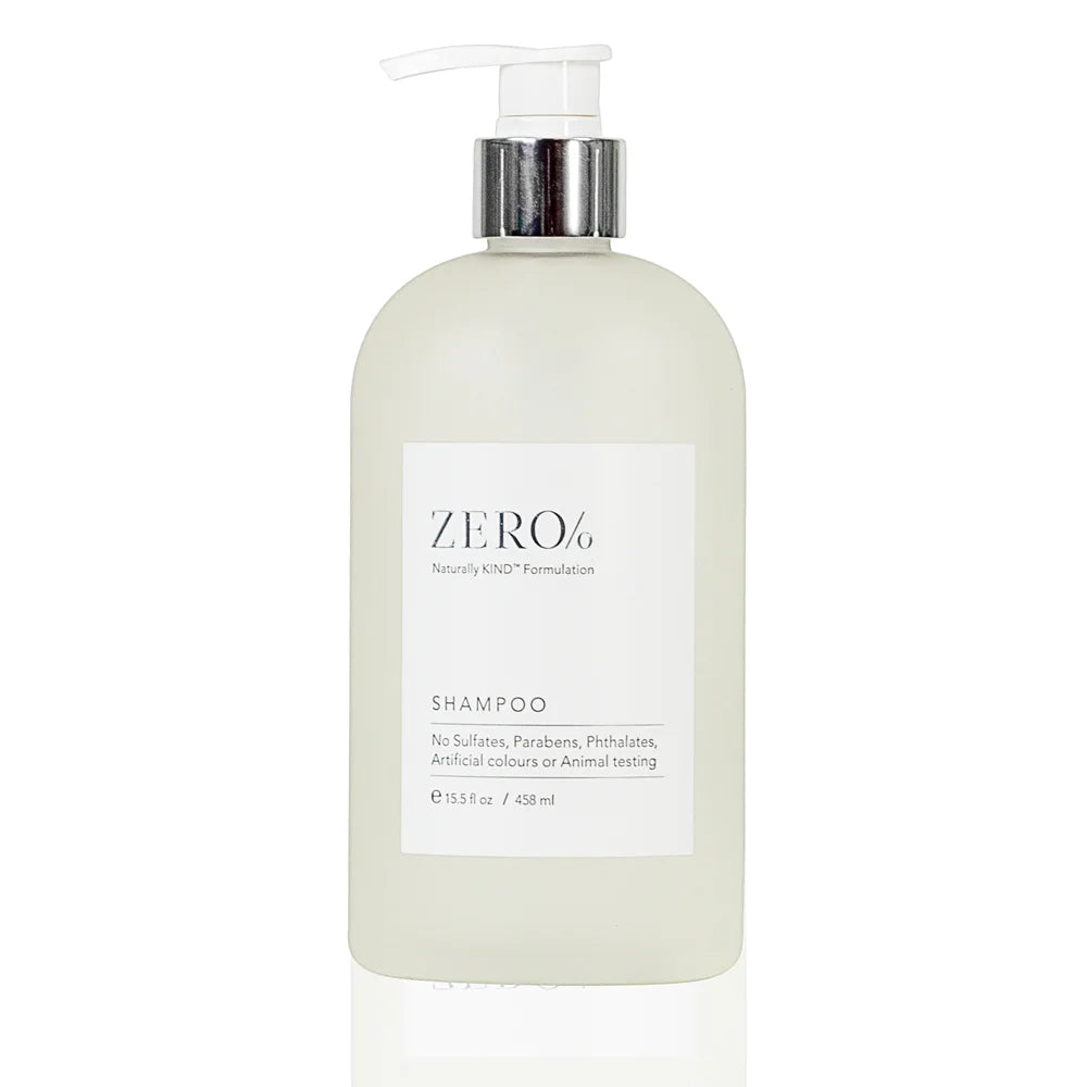 Zero% Shampoo bottle with clean ingredients; free from sulfates, parabens, phthalates, artificial colors, and animal testing.