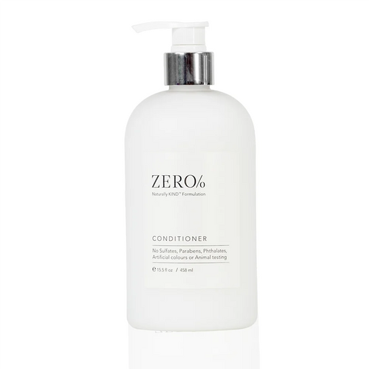 Zero% Conditioner bottle, 100% clean ingredients, sulfate-free, paraben-free, cruelty-free, 15.5 oz.