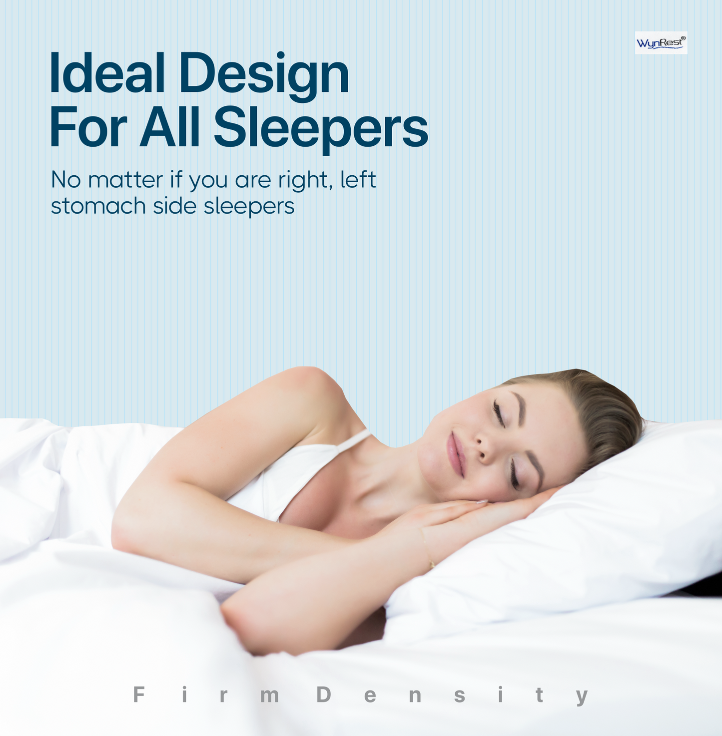 Woman peacefully sleeping on a pillow, showcasing its ideal design for all types of sleepers.