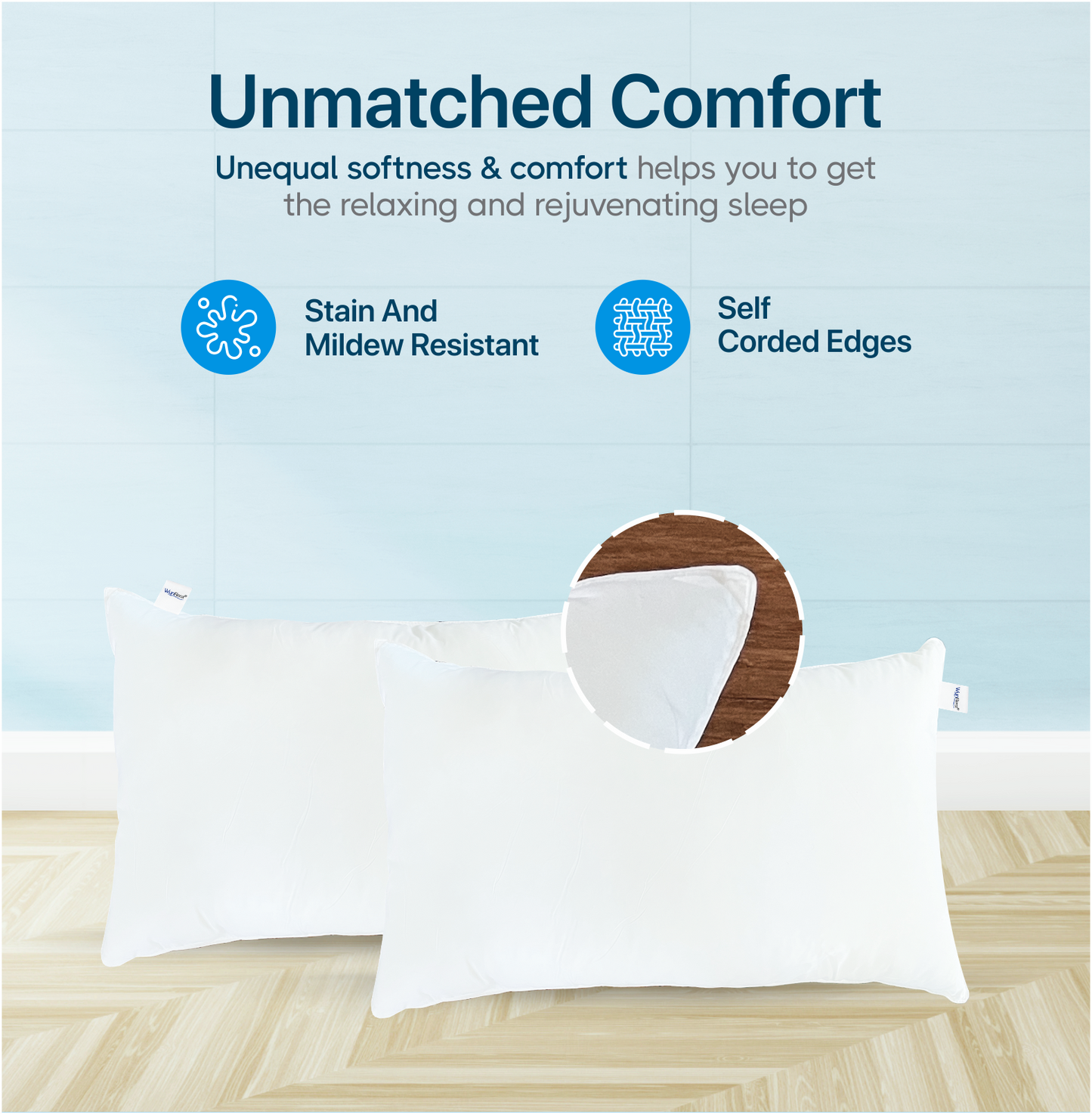 Wyndham Hotels WYNREST Gel Pillows showcasing stain and mildew resistance with self-corded edges for unmatched comfort.