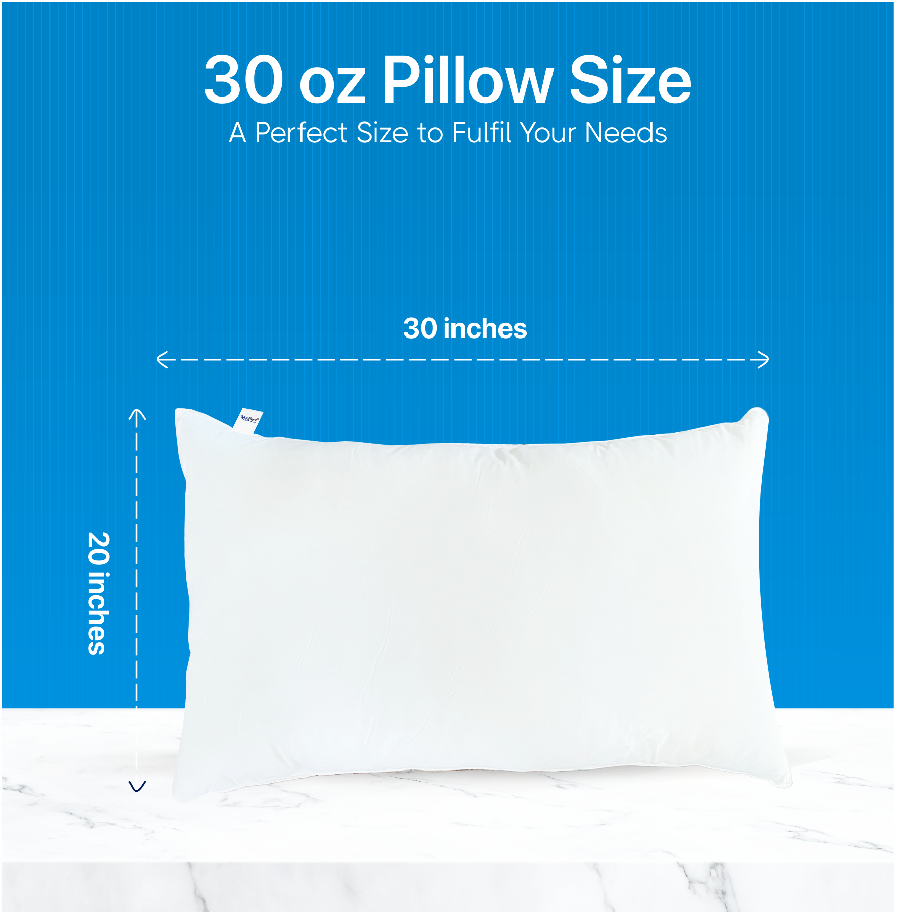 30 oz gel pillow, 20 x 30 inches, ideal for comfort, size shown against a blue background with measurements.