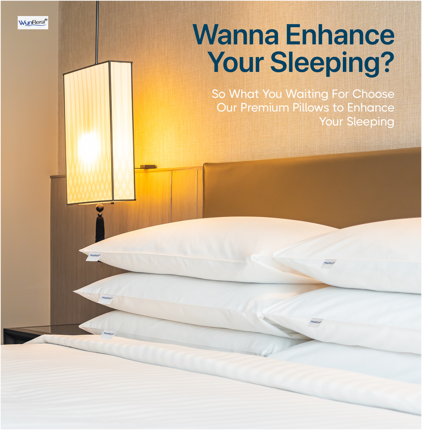 Premium pillows stacked on a bed, promoting enhanced sleeping experience for comfort and relaxation.