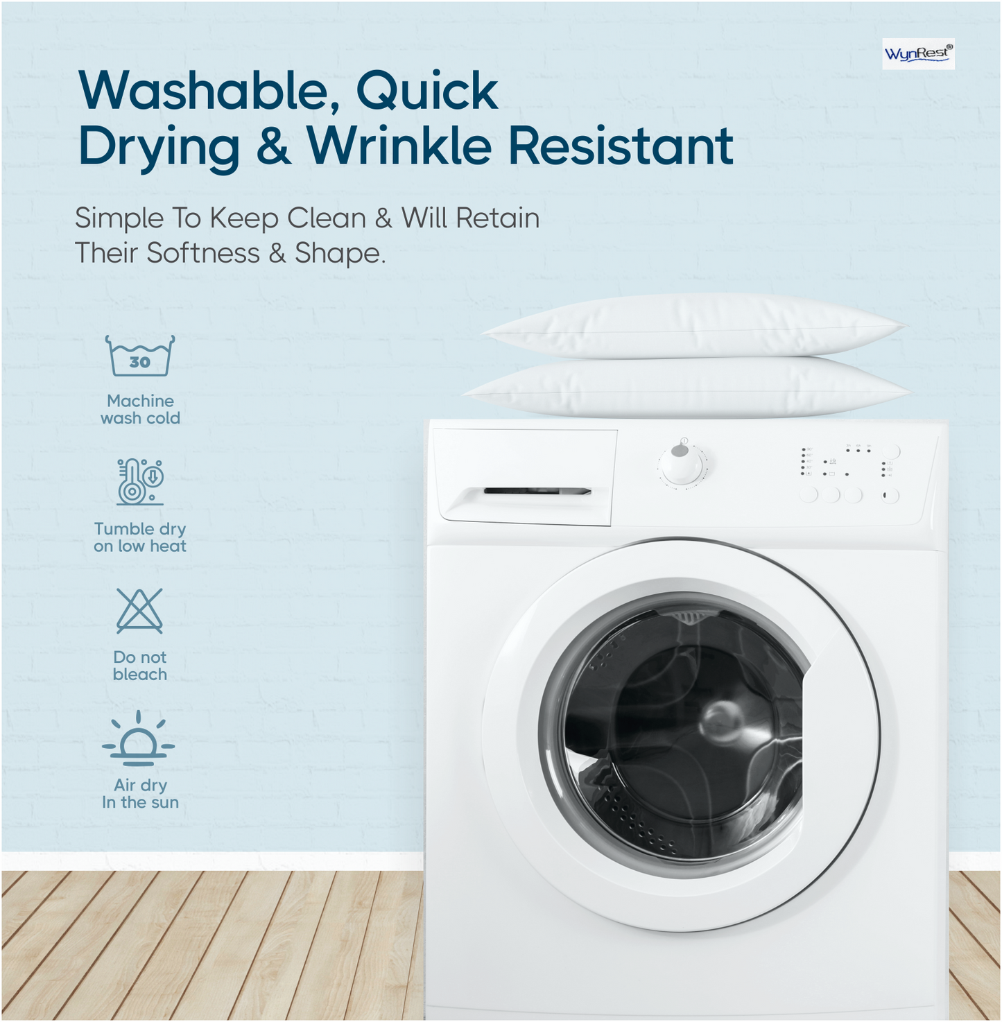 WynRest pillow care instructions highlighting washable, quick drying, and wrinkle-resistant features with washing machine.