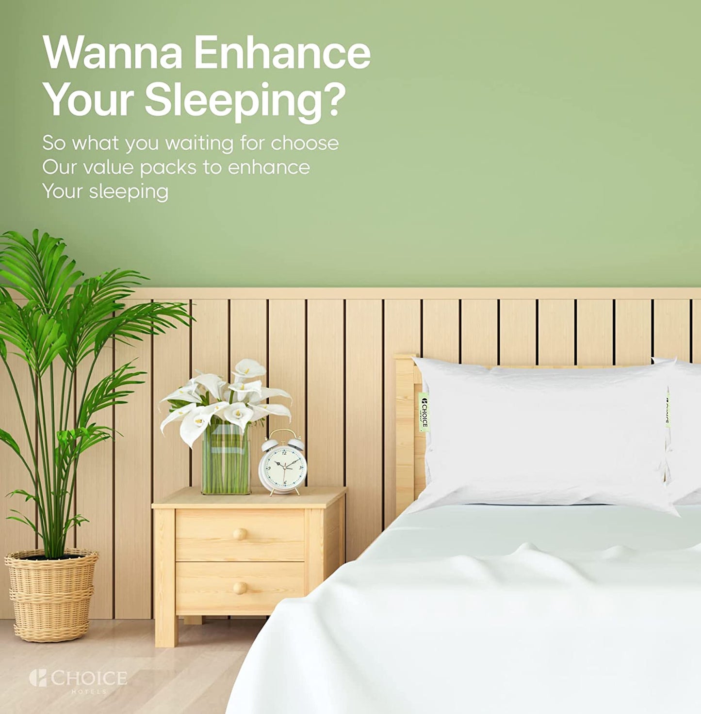 Inviting bedroom scene with soft pillows and a plant, promoting sleep enhancement products by Choice Hotels.