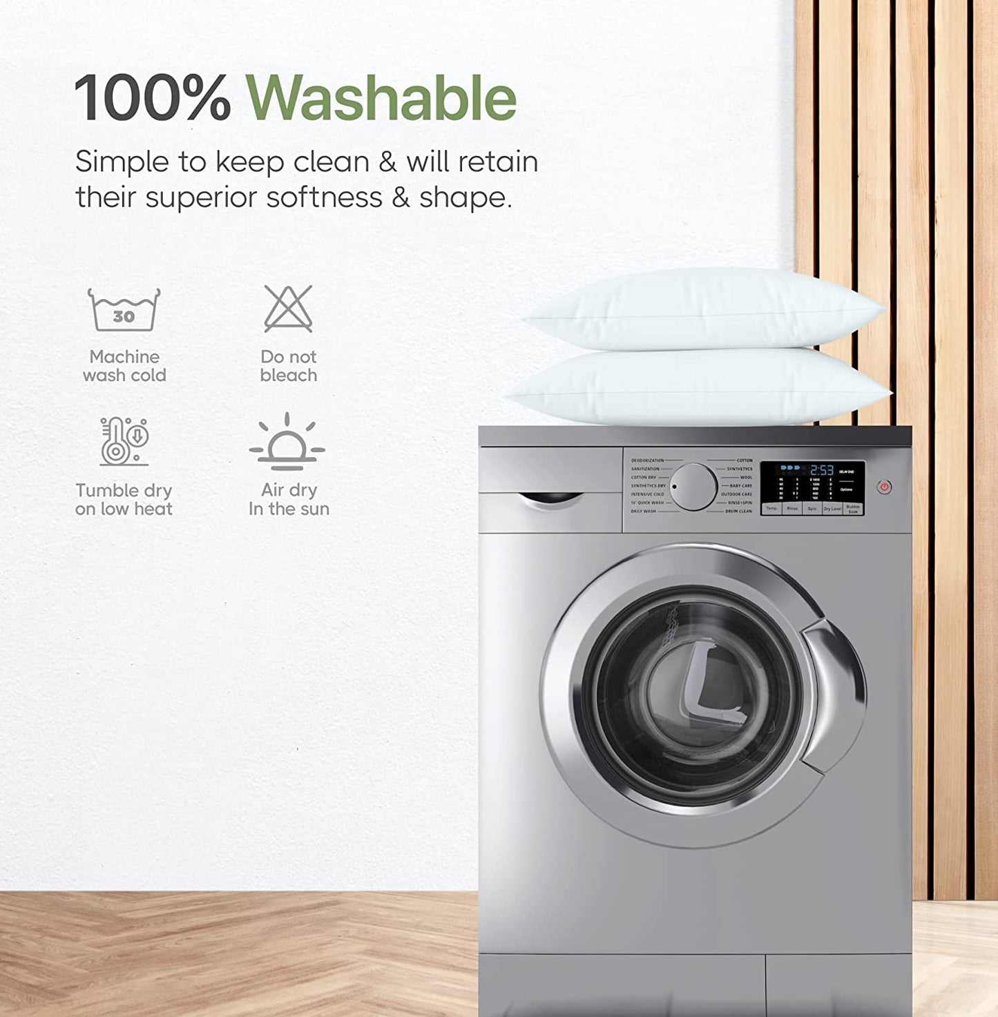 100% washable Green Label Soft Pillow beside a modern washing machine, showcasing easy care instructions.