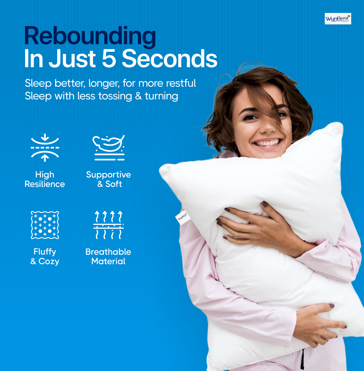 Happy woman hugging a plush gel pillow, promoting better sleep with high resilience and cozy comfort.
