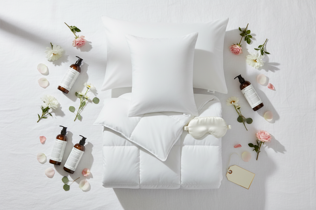 Luxury hotel quality gift flat lay featuring Westin soft and firm hotel pillows, IHG down alternative duvet insert, Le Labo Rose 31 bath set, and luxury hotel