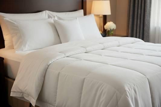 Luxury hotel bed with multiple plush white pillows and crisp white linens