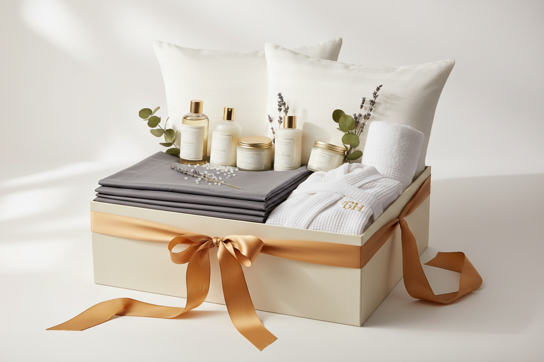 Elegant luxury gift set with hotel-quality pillows, linens, and spa bath products