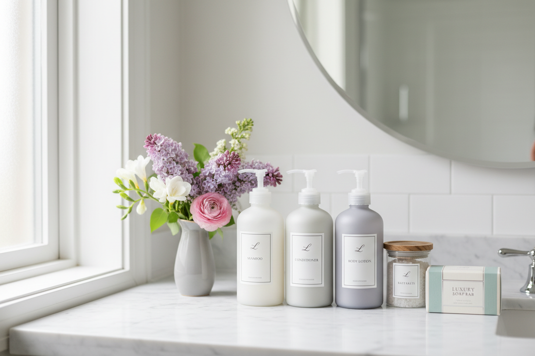  Luxury hotel and spa quality bath and body products displayed on marble vanity with premium shampoo conditioner body wash lotion bottles and fresh flowers