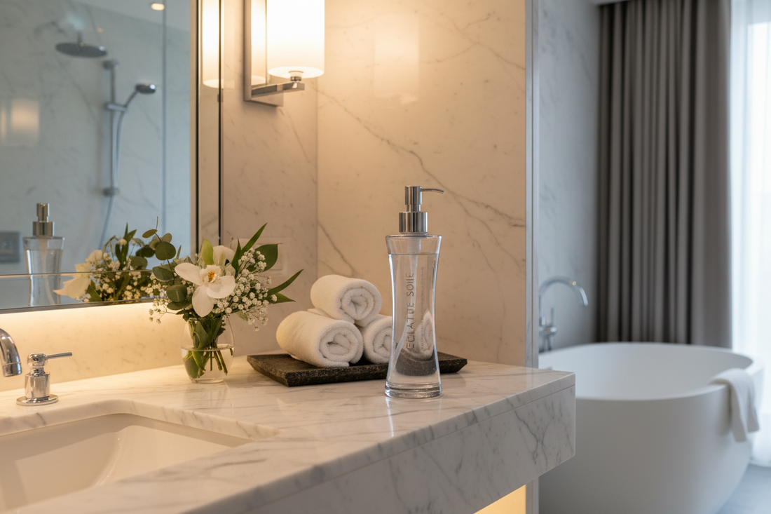 Luxury hotel body lotion on a spa bathroom countertop with white towels and flowers