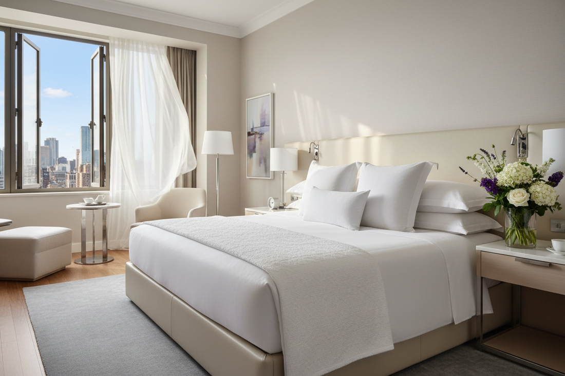 Luxury hotel quality pillows arranged on white bedding in bright, airy bedroom with natural light - best hotel pillows for home