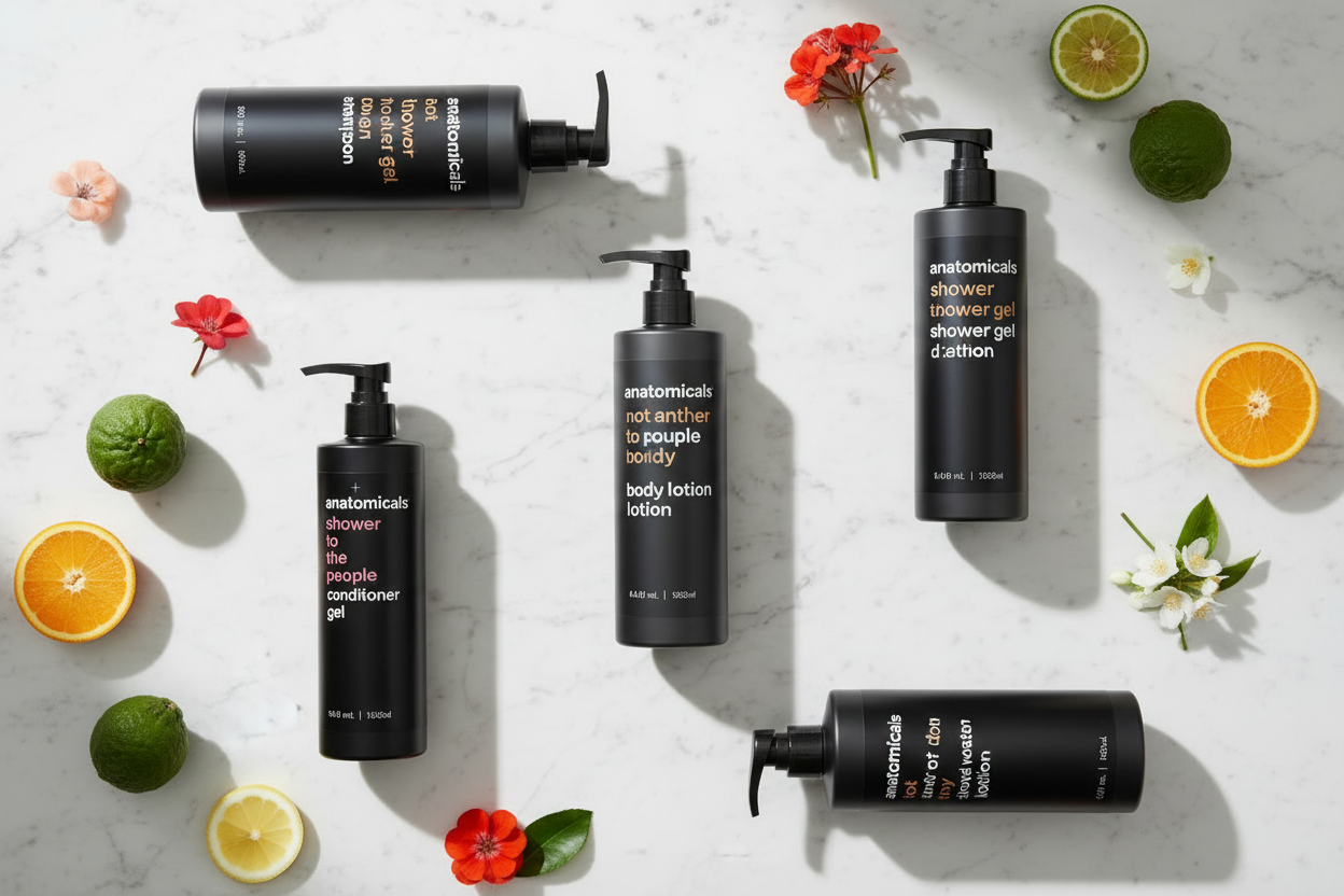 Anatomicals luxury hotel bath and body collection – shampoo, conditioner, shower gel, body lotion and hand wash dispenser bottles as featured at Royal Sonesta Hotels