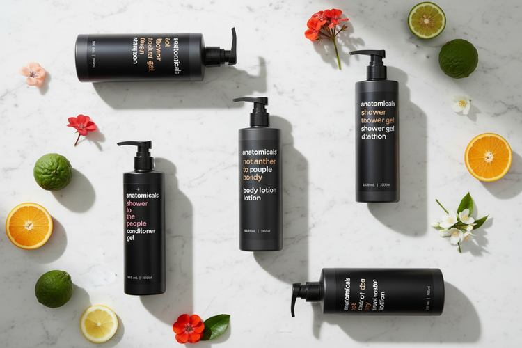 Anatomicals luxury hotel bath and body collection – shampoo, conditioner, shower gel, body lotion and hand wash dispenser bottles as featured at Royal Sonesta Hotels