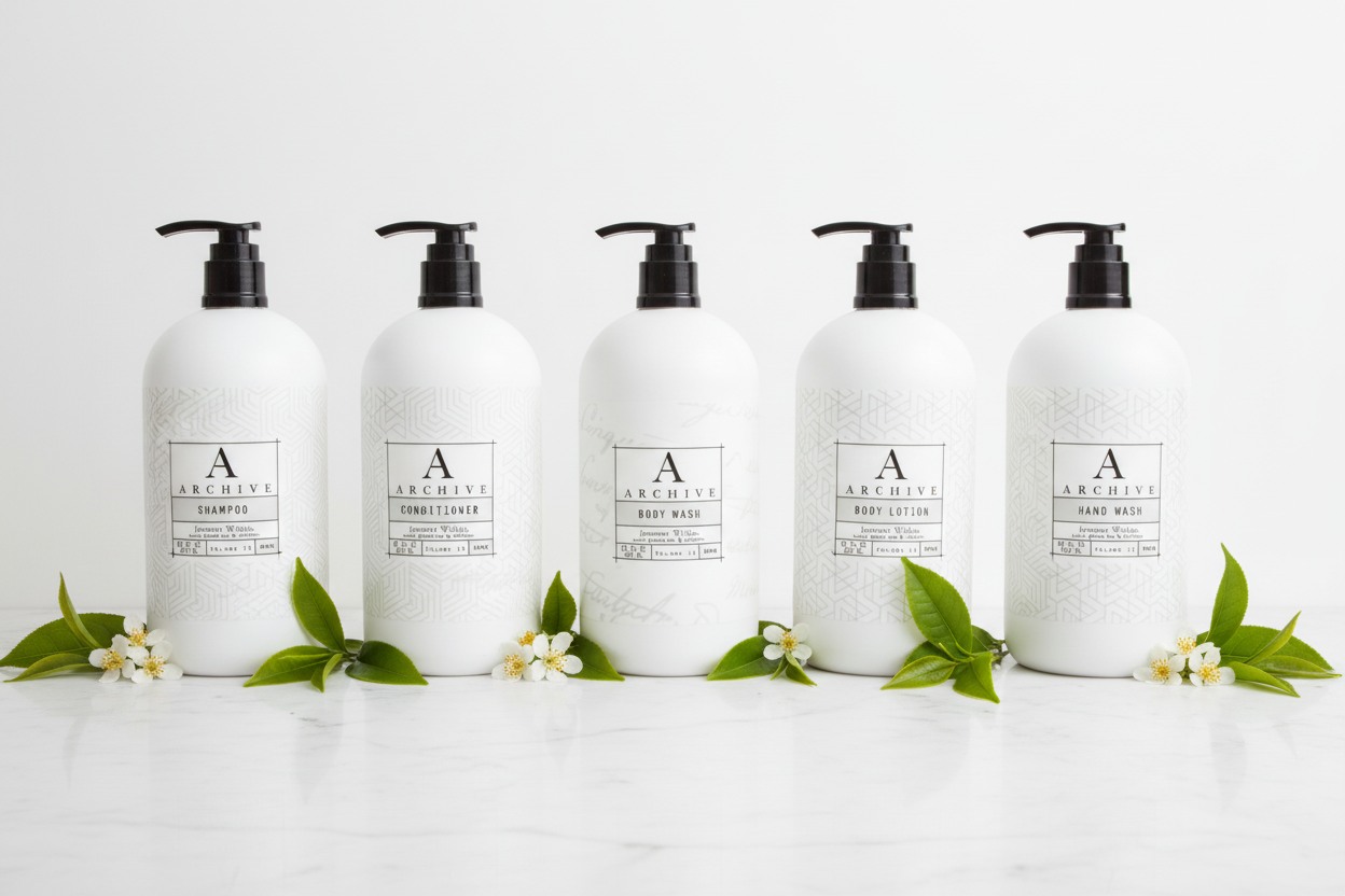 Archive Journey Within luxury hotel bath collection — shampoo, conditioner, body wash, body lotion, and hand wash with green tea and willow scent, used at Sonesta Hotels & Resorts, by Gilchrist & Soames